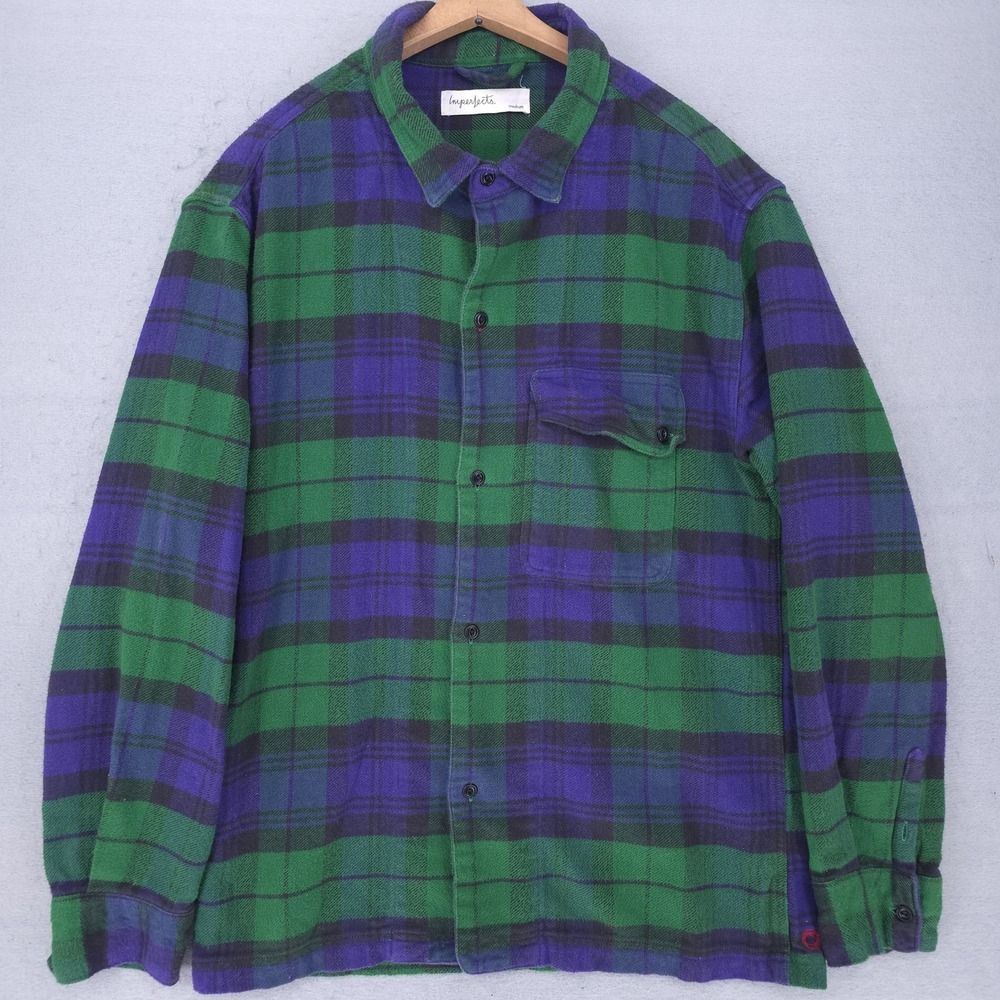Imperfects Shirt Mens Medium Green Purple Plaid Flannel Button Up Long Sleeve